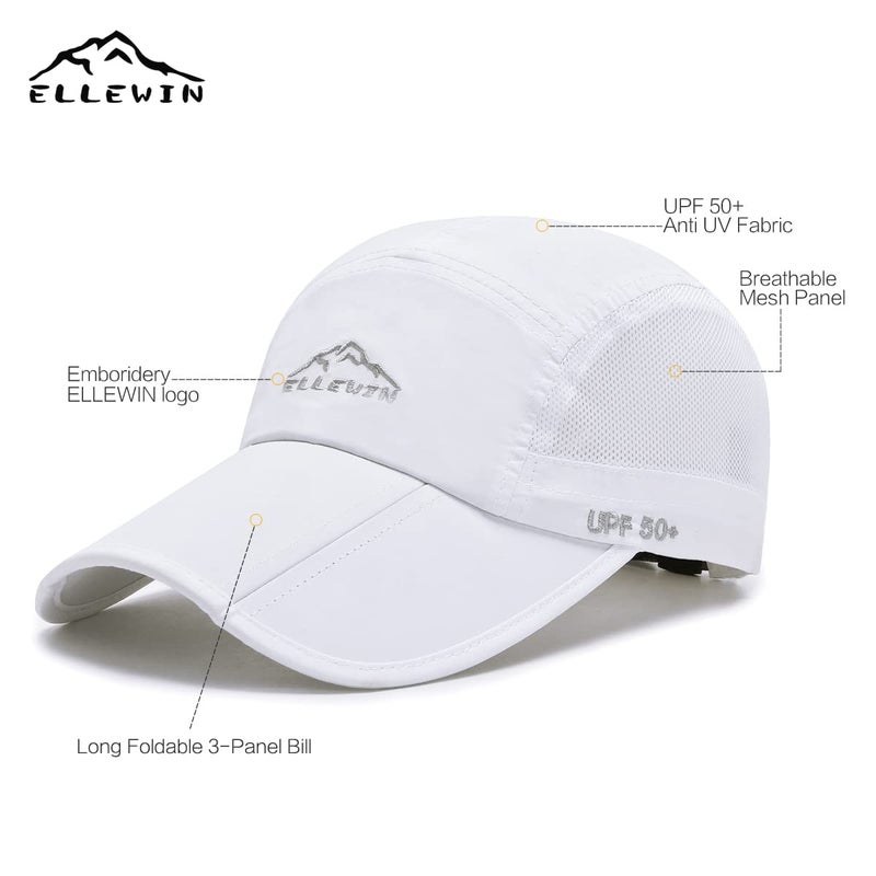 ELLEWIN Unisex Baseball Cap UPF 50 Unstructured Hat with Foldable Long Large Bill, A-white-ellewin Logo, M-L-XL - Image 4